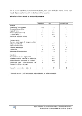 Afin de pouvoir décider quel environnement adopter, nous avons établis des critères ainsi et avons
évalués chacun des framework. Il en résulte la matrice suivante :

Matrice des critères de prise de décision du framework



                                             PyRoomba         ROS              Visual studio
Système
Installation / configuration                     +++                ---                ++
Compatibilité des drivers                         -                  +                  +
Support réseau                                    +                 +++                 -
Puissance de traitement                          ++                 +++                --
« Embarcabilité »                                ++                 +++                ---
Gestion de plusieurs robots                       -                 ++                 --

Programmation
Diversité des langages de programmation            -                ++                 ++
API existante Kinect                              ---               +++                ++
API existante roomba                              ++                +++                ---
Tutoriels et exemples                              -                 +                  +
Complexité                                         +                ---                ++
Support au développement                          ---               ++                 ++

Evolutivité
Possibilité d’évolution et potentiel                -               +++                 +
Effet d’expérience, notoriété en robotique         --               +++                 -
Développements spécifiques au Turtlebot             -               +++                 -
Compatible avec l’environnement de                 +                ++                 ---
l’équipe (OS, drivers, langage)

Evaluation (somme des + et des -)                 -11                29                -2


C’est donc ROS qui a été choisi pour le développement de notre application.




    16                                 DEVELOPPEMENT POUR LE ROBOT ASPIRATEUR ROOMBA « TURTLEBOT »
                                                M1 MIAGE – BOULINGUEZ, CANIONCQ, CHENG, LAGNEAU
 