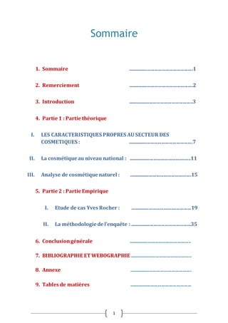 1
Sommaire
1. Sommaire ....................................................1
2. Remerciement ....................................................2
3. Introduction ....................................................3
4. Partie 1 : Partie théorique
I. LES CARACTERISTIQUES PROPRES AU SECTEUR DES
COSMETIQUES : ....................................................7
II. La cosmétique au niveau national : ..................................................11
III. Analyse de cosmétique naturel : ..................................................15
5. Partie 2 : Partie Empirique
I. Etude de cas Yves Rocher : .................................................19
II. La méthodologie de l’enquête : .................................................35
6. Conclusiongénérale ..................................................
7. BIBLIOGRAPHIE ET WEBOGRAPHIE ..................................................
8. Annexe ..................................................
9. Tables de matières ..................................................
 