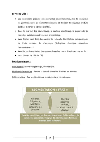28
Services Clés :
 Les innovations produit sont constantes et permanentes, afin de renouveler
les gammes auprès de la clientèle existante et de créer de nouveaux produits
destinés à élargir la cible de clientèle.
 Dans le marché des cosmétiques, la caution scientifique, la découverte de
nouvelles substances actives, sont primordiales.
 Yves Rocher s’est doté d’un centre de recherche Bio-Végétale qui réunit près
de Paris centaine de chercheurs (Biologistes, chimistes, physiciens,
dermatologues…)
 Yves Rocher investit dans des centres de recherches et établit des centres de
 tests (autour de 10% de CA)
Positionnement :
Identification : Soins visage&corps, cosmétiques.
Mission de l’entreprise : Rendre la beauté accessible à toutes les femmes
Différenciation : Tire ses bienfaits de la nature via sa connaissance
 
