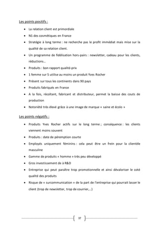 37
Les points positifs :
 La relation client est primordiale
 N1 des cosmétiques en France
 Stratégie à long terme : ne recherche pas le profit immédiat mais mise sur la
qualité de sa relation client.
 Un programme de fidélisation hors-pairs : newsletter, cadeau pour les clients,
réductions…
 Produits : bon rapport qualité-prix
 1 femme sur 5 utilise au moins un produit Yves Rocher
 Présent sur tous les continents dans 90 pays
 Produits fabriqués en France
 A la fois, récoltant, fabricant et distributeur, permet la baisse des couts de
production
 Notoriété très élevé grâce à une image de marque « saine et écolo »
Les points négatifs :
 Produits Yves Rocher actifs sur le long terme ; conséquence : les clients
viennent moins souvent
 Produits : date de péremption courte
 Employés uniquement féminins : cela peut être un frein pour la clientèle
masculine
 Gamme de produits « homme » très peu développé
 Gros investissement de à R&D
 Entreprise qui peut paraître trop promotionnelle et ainsi dévaloriser le coté
qualité des produits
 Risque de « surcommunication » de la part de l’entreprise qui pourrait lasser le
client (trop de newsletter, trop de courrier,…)
 