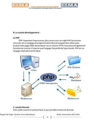 Rapport de Projet –Gestion d’une bibliothèque Année universitaire 2013-2014
11
B. La couche développement :
Le PHP
PHP: Hypertext Preprocessor, plus connu sous son siglePHP (acronyme
récursif), estun langage de programmation libreprincipalement utilisé pour
produiredes pages Web dynamiques via un serveur HTTP, mais pouvantégalement
fonctionner comme n'importe quel langage interprétéde façon locale. PHP est un
langage impératif orienté objet.
C .couche Donnée
Dans cette couche en présenttout ce qui est table et base de donnée .
 