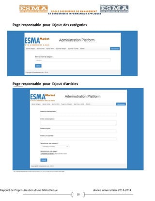 Rapport de Projet –Gestion d’une bibliothèque Année universitaire 2013-2014
18
Page responsable pour l’ajout des catégories
Page responsable pour l’ajout d’articles
 