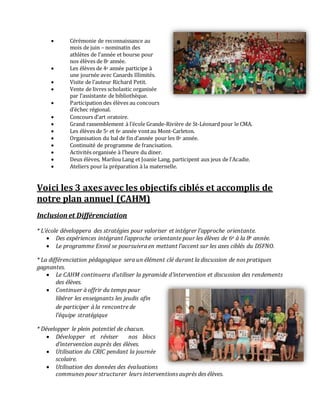  Cérémonie de reconnaissance au
mois de juin – nominatin des
athlètes de l’année et bourse pour
nos élèves de 8e année.
 Les élèves de 4e année participe à
une journée avec Canards Illimités.
 Visite de l’auteur Richard Petit.
 Vente de livres scholastic organisée
par l’assistante de bibliothèque.
 Participation des élèves au concours
d’échec régional.
 Concours d’art oratoire.
 Grand rassemblement à l’école Grande-Rivière de St-Léonard pour le CMA.
 Les élèves de 5e et 6e année vontau Mont-Carleton.
 Organisation du bal de fin d’année pour les 8e année.
 Continuité de programme de francisation.
 Activités organisée à l’heure du diner.
 Deux élèves, Marilou Lang et Joanie Lang, participent aux jeux de l’Acadie.
 Ateliers pour la préparation à la maternelle.
Voici les 3 axes avec les objectifs ciblés et accomplis de
notre plan annuel (CAHM)
Inclusion et Différenciation
* L’école développera des stratégies pour valoriser et intégrer l’approche orientante.
 Des expériences intégrant l’approche orientante pour les élèves de 6e à la 8e année.
 Le programme Envol se poursuivra en mettant l’accent sur les axes ciblés du DSFNO.
* La différenciation pédagogique sera un élément clé durant la discussion de nos pratiques
gagnantes.
 Le CAHM continuera d’utiliser la pyramide d’intervention et discussion des rendements
des élèves.
 Continuer à offrir du temps pour
libérer les enseignants les jeudis afin
de participer à la rencontre de
l’équipe stratégique
* Développer le plein potentiel de chacun.
 Développer et réviser nos blocs
d’intervention auprès des élèves.
 Utilisation du CRIC pendant la journée
scolaire.
 Utilisation des données des évaluations
communes pour structurer leurs interventions auprès des élèves.
 