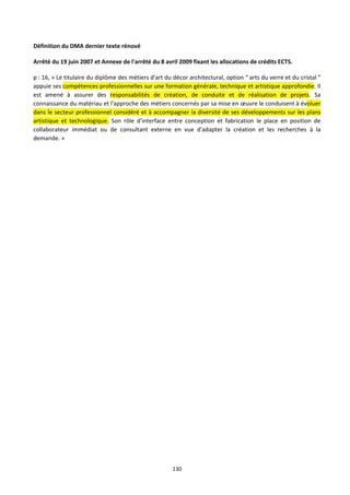 130
Définition du DMA dernier texte rénové
Arrêté du 19 juin 2007 et Annexe de l'arrêté du 8 avril 2009 fixant les allocations de crédits ECTS.
p : 16, « Le titulaire du diplôme des métiers d'art du décor architectural, option “ arts du verre et du cristal ”
appuie ses compétences professionnelles sur une formation générale, technique et artistique approfondie. Il
est amené à assurer des responsabilités de création, de conduite et de réalisation de projets. Sa
connaissance du matériau et l'approche des métiers concernés par sa mise en œuvre le conduisent à évoluer
dans le secteur professionnel considéré et à accompagner la diversité de ses développements sur les plans
artistique et technologique. Son rôle d'interface entre conception et fabrication le place en position de
collaborateur immédiat ou de consultant externe en vue d'adapter la création et les recherches à la
demande. »
 