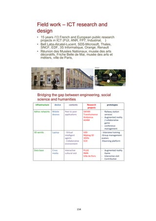 154
Field work – ICT research and
design
• 15 years /13 French and European public research
projects in ICT (FUI, ANR, FP7, Industrial, )
• Bell Labs-Alcatel-Lucent, SDS-Microsoft, Thales,
SNCF, EDF, 3S Informatique, Orange, Renault
• Réunion des Musées Nationaux, musée des arts
décoratifs, Friche Belle de Mai, musée des arts et
métiers, ville de Paris,
Bridging the gap between engineering, social
science and humanities
infrastructure device contents Research
projects
prototypes
Adhoc networks Mobile
devices
Peer to peer
applications
SAFARI
Transhumance
Ambience
ADAM
- Railway station
services
- Augmented reality
/ collaborative
game
- conference
management
3D worlds Laptop - Virtual
intelligent
agents
- Collaborative
environment
VIDI
Myblog 3D
3Dlife
VUE
- Interview training
-Group management
avatars
-Elearning platform
Data base Cross
media
Interactive
cultural visit
PLUG
RMN
Ville de Paris
- Augmented reality
Game
- Interactive visit
- Contributive
 