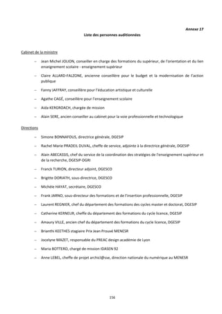156
Annexe 17
Liste des personnes auditionnées
Cabinet de la ministre
– Jean Michel JOLION, conseiller en charge des formations du supérieur, de l'orientation et du lien
enseignement scolaire - enseignement supérieur
– Claire ALLARD-FALZONE, ancienne conseillère pour le budget et la modernisation de l’action
publique
– Fanny JAFFRAY, conseillère pour l’éducation artistique et culturelle
– Agathe CAGÉ, conseillère pour l’enseignement scolaire
– Aida KERGROACH, chargée de mission
– Alain SERE, ancien conseiller au cabinet pour la voie professionnelle et technologique
Directions
– Simone BONNAFOUS, directrice générale, DGESIP
– Rachel Marie PRADEIL DUVAL, cheffe de service, adjointe à la directrice générale, DGESIP
– Alain ABECASSIS, chef du service de la coordination des stratégies de l'enseignement supérieur et
de la recherche, DGESIP-DGRI
– Franck TURION, directeur adjoint, DGESCO
– Brigitte DORIATH, sous-directrice, DGESCO
– Michèle HAYAT, secrétaire, DGESCO
– Frank JARNO, sous-directeur des formations et de l’insertion professionnelle, DGESIP
– Laurent REGNIER, chef du département des formations des cycles master et doctorat, DGESIP
– Catherine KERNEUR, cheffe du département des formations du cycle licence, DGESIP
– Amaury VILLE, ancien chef du département des formations du cycle licence, DGESIP
– Brianthi KEETHES stagiaire Prix Jean Prouvé MENESR
– Jocelyne MAZET, responsable du PREAC design académie de Lyon
– Maria BOTTERO, chargé de mission IDASEN 92
– Anne LEBEL, cheffe de projet archicl@sse, direction nationale du numérique au MENESR
 