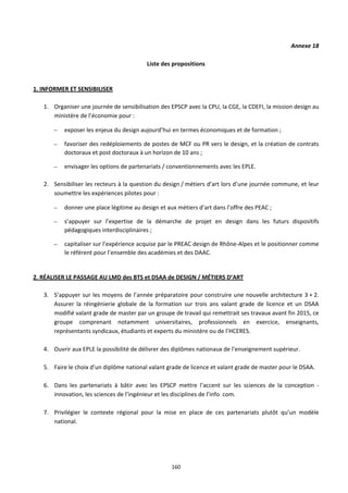 160
Annexe 18
Liste des propositions
1. INFORMER ET SENSIBILISER
1. Organiser une journée de sensibilisation des EPSCP avec la CPU, la CGE, la CDEFI, la mission design au
ministère de l’économie pour :
– exposer les enjeux du design aujourd’hui en termes économiques et de formation ;
– favoriser des redéploiements de postes de MCF ou PR vers le design, et la création de contrats
doctoraux et post doctoraux à un horizon de 10 ans ;
– envisager les options de partenariats / conventionnements avec les EPLE.
2. Sensibiliser les recteurs à la question du design / métiers d’art lors d’une journée commune, et leur
soumettre les expériences pilotes pour :
– donner une place légitime au design et aux métiers d’art dans l’offre des PEAC ;
– s’appuyer sur l’expertise de la démarche de projet en design dans les futurs dispositifs
pédagogiques interdisciplinaires ;
– capitaliser sur l’expérience acquise par le PREAC design de Rhône-Alpes et le positionner comme
le référent pour l’ensemble des académies et des DAAC.
2. RÉALISER LE PASSAGE AU LMD des BTS et DSAA de DESIGN / MÉTIERS D’ART
3. S’appuyer sur les moyens de l’année préparatoire pour construire une nouvelle architecture 3 + 2.
Assurer la réingénierie globale de la formation sur trois ans valant grade de licence et un DSAA
modifié valant grade de master par un groupe de travail qui remettrait ses travaux avant fin 2015, ce
groupe comprenant notamment universitaires, professionnels en exercice, enseignants,
représentants syndicaux, étudiants et experts du ministère ou de l’HCERES.
4. Ouvrir aux EPLE la possibilité de délivrer des diplômes nationaux de l’enseignement supérieur.
5. Faire le choix d’un diplôme national valant grade de licence et valant grade de master pour le DSAA.
6. Dans les partenariats à bâtir avec les EPSCP mettre l’accent sur les sciences de la conception -
innovation, les sciences de l’ingénieur et les disciplines de l’info com.
7. Privilégier le contexte régional pour la mise en place de ces partenariats plutôt qu’un modèle
national.
 