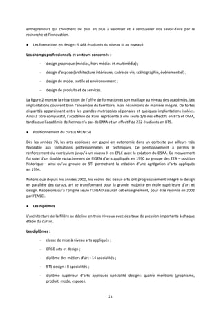 21
entrepreneurs qui cherchent de plus en plus à valoriser et à renouveler nos savoir faire par la
recherche et l’innovation.
Les formations en design : 9 468 étudiants du niveau III au niveau I
Les champs professionnels et secteurs concernés :
– design graphique (médias, hors médias et multimédia) ;
– design d’espace (architecture intérieure, cadre de vie, scénographie, événementiel) ;
– design de mode, textile et environnement ;
– design de produits et de services.
La figure 2 montre la répartition de l’offre de formation et son maillage au niveau des académies. Les
implantations couvrent bien l’ensemble du territoire, mais néanmoins de manière inégale. De fortes
disparités apparaissent entre les grandes métropoles régionales et quelques implantations isolées.
Ainsi à titre comparatif, l’académie de Paris représente à elle seule 1/3 des effectifs en BTS et DMA,
tandis que l’académie de Rennes n’a pas de DMA et un effectif de 232 étudiants en BTS.
Positionnement du cursus MENESR
Dès les années 70, les arts appliqués ont gagné en autonomie dans un contexte par ailleurs très
favorable aux formations professionnelles et techniques. Ce positionnement a permis le
renforcement du curriculum jusqu’à un niveau II en EPLE avec la création du DSAA. Ce mouvement
fut suivi d’un double rattachement de l’IGEN d’arts appliqués en 1990 au groupe des EEA – position
historique – ainsi qu’au groupe de STI permettant la création d’une agrégation d’arts appliqués
en 1994.
Notons que depuis les années 2000, les écoles des beaux arts ont progressivement intégré le design
en parallèle des cursus, art se transformant pour la grande majorité en école supérieure d’art et
design. Rappelons qu’à l’origine seule l’ENSAD assurait cet enseignement, pour être rejointe en 2002
par l’ENSCI.
Les diplômes
L’architecture de la filière se décline en trois niveaux avec des taux de pression importants à chaque
étape du cursus.
Les diplômes :
– classe de mise à niveau arts appliqués ;
– CPGE arts et design ;
– diplôme des métiers d’art : 14 spécialités ;
– BTS design : 8 spécialités ;
– diplôme supérieur d’arts appliqués spécialité design : quatre mentions (graphisme,
produit, mode, espace).
 
