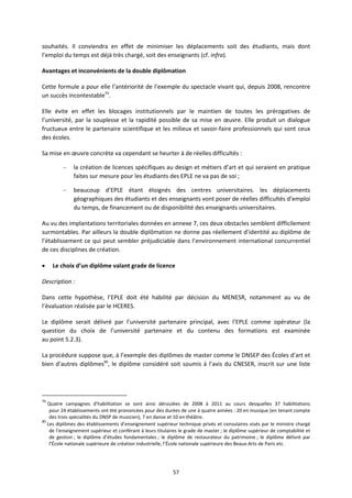 57
souhaités. Il conviendra en effet de minimiser les déplacements soit des étudiants, mais dont
l’emploi du temps est déjà très chargé, soit des enseignants (cf. infra).
Avantages et inconvénients de la double diplômation
Cette formule a pour elle l’antériorité de l’exemple du spectacle vivant qui, depuis 2008, rencontre
un succès incontestable79
.
Elle évite en effet les blocages institutionnels par le maintien de toutes les prérogatives de
l’université, par la souplesse et la rapidité possible de sa mise en œuvre. Elle produit un dialogue
fructueux entre le partenaire scientifique et les milieux et savoir faire professionnels qui sont ceux
des écoles.
Sa mise en œuvre concrète va cependant se heurter à de réelles difficultés :
– la création de licences spécifiques au design et métiers d’art et qui seraient en pratique
faites sur mesure pour les étudiants des EPLE ne va pas de soi ;
– beaucoup d’EPLE étant éloignés des centres universitaires. les déplacements
géographiques des étudiants et des enseignants vont poser de réelles difficultés d’emploi
du temps, de financement ou de disponibilité des enseignants universitaires.
Au vu des implantations territoriales données en annexe 7, ces deux obstacles semblent difficilement
surmontables. Par ailleurs la double diplômation ne donne pas réellement d’identité au diplôme de
l’établissement ce qui peut sembler préjudiciable dans l’environnement international concurrentiel
de ces disciplines de création.
Le choix d’un diplôme valant grade de licence
Description :
Dans cette hypothèse, l’EPLE doit été habilité par décision du MENESR, notamment au vu de
l’évaluation réalisée par le HCERES.
Le diplôme serait délivré par l’université partenaire principal, avec l’EPLE comme opérateur (la
question du choix de l’université partenaire et du contenu des formations est examinée
au point 5.2.3).
La procédure suppose que, à l’exemple des diplômes de master comme le DNSEP des Écoles d’art et
bien d’autres diplômes80
, le diplôme considéré soit soumis à l’avis du CNESER, inscrit sur une liste
79
Quatre campagnes d'habilitation se sont ainsi déroulées de 2008 à 2011 au cours desquelles 37 habilitations
pour 24 établissements ont été prononcées pour des durées de une à quatre années : 20 en musique (en tenant compte
des trois spécialités du DNSP de musicien), 7 en danse et 10 en théâtre.
80
Les diplômes des établissements d’enseignement supérieur technique privés et consulaires visés par le ministre chargé
de l’enseignement supérieur et conférant à leurs titulaires le grade de master ; le diplôme supérieur de comptabilité et
de gestion ; le diplôme d’études fondamentales ; le diplôme de restaurateur du patrimoine ; le diplôme délivré par
l’École nationale supérieure de création industrielle, l’École nationale supérieure des Beaux Arts de Paris etc.
 