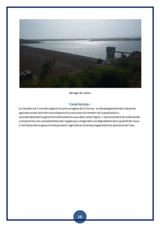 10
Barrage de Lebna
Conclusion :
Le Cap Bonest l’une desrégionslesplusarrogéesde laTunisie. Le développementdesindustries
agricolesetdesactivitéstouristiquesetlacroissance dunombre de lapopulationa
considérablementaugmentélademande eneaux danscette région. L’accroissementde lademande
a occasionné une surexploitationdesnappesqui aengendré une dégradationde laqualité deseaux.
L’utilisationdesengraischimiquesdansl’agriculture contribue égalementàla pollutionde l’eau.
 