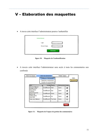 11
V – Elaboration des maquettes
 A traves cette interface l’administrateur pourra s’authentifier
figure 10: Maquette de l’authentification
 A travers cette interface l’administrateur aura accès à touts les commentaires non
confirmés
figure 11: Maquette de l’espace de gestion des commentaires
 