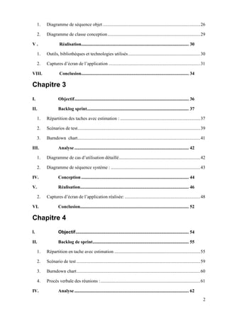 2
1. Diagramme de séquence objet .....................................................................................26
2. Diagramme de classe conception.................................................................................29
V . Réalisation.............................................................................................. 30
1. Outils, bibliothèques et technologies utilisés...............................................................30
2. Captures d’écran de l’application ................................................................................31
VIII. Conclusion.............................................................................................. 34
Chapitre 3
I. Objectif.................................................................................................... 36
II. Backlog sprint......................................................................................... 37
1. Répartition des taches avec estimation : ......................................................................37
2. Scénarios de test...........................................................................................................39
3. Burndown chart...........................................................................................................41
III. Analyse.................................................................................................... 42
1. Diagramme de cas d’utilisation détaillé.......................................................................42
2. Diagramme de séquence système : ..............................................................................43
IV. Conception.............................................................................................. 44
V. Réalisation............................................................................................... 46
2. Captures d’écran de l’application réalisée: ..................................................................48
VI. Conclusion............................................................................................... 52
Chapitre 4
I. Objectif................................................................................................... 54
II. Backlog de sprint.................................................................................... 55
1. Répartition en tache avec estimation ...........................................................................55
2. Scénario de test ............................................................................................................59
3. Burndown chart............................................................................................................60
4. Procès verbale des réunions :.......................................................................................61
IV. Analyse.................................................................................................... 62
 