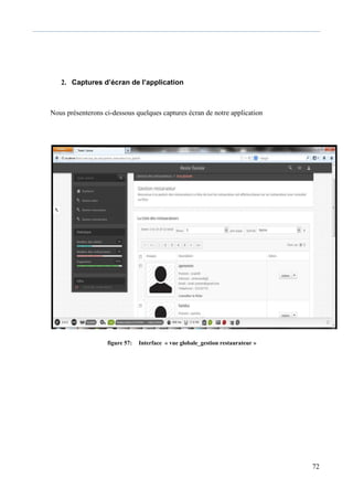 72
2. Captures d’écran de l’application
Nous présenterons ci-dessous quelques captures écran de notre application
figure 57: Interface « vue globale_gestion restaurateur »
 