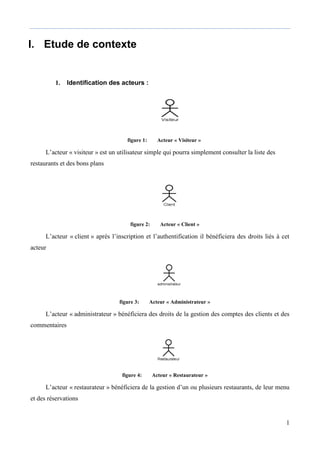 1
I. Etude de contexte
1. Identification des acteurs :
figure 1: Acteur « Visiteur »
L’acteur « visiteur » est un utilisateur simple qui pourra simplement consulter la liste des
restaurants et des bons plans
figure 2: Acteur « Client »
L’acteur « client » après l’inscription et l’authentification il bénéficiera des droits liés à cet
acteur
figure 3: Acteur « Administrateur »
L’acteur « administrateur » bénéficiera des droits de la gestion des comptes des clients et des
commentaires
figure 4: Acteur « Restaurateur »
L’acteur « restaurateur » bénéficiera de la gestion d’un ou plusieurs restaurants, de leur menu
et des réservations
 