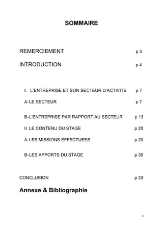 SOMMAIRE



REMERCIEMENT                                 p3


INTRODUCTION                                 p4




 I. L’ENTREPRISE ET SON SECTEUR D’ACTIVITE   p7

 A- LE SECTEUR                               p7


 B- L’ENTREPRISE PAR RAPPORT AU SECTEUR      p 13

 II. LE CONTENU DU STAGE                     p 20

 A- LES MISSIONS EFFECTUEES                  p 20


 B- LES APPORTS DU STAGE                     p 30




CONCLUSION                                   p 33

Annexe & Bibliographie



                                                  2
 