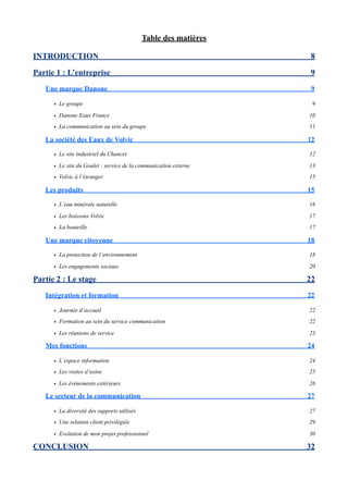 Table des matières

INTRODUCTION                                                       8

Partie 1 : L’entreprise                                            9
   Une marque Danone                                               9

      • Le groupe                                                  9

      • Danone Eaux France                                        10

      • La communication au sein du groupe                        11

   La société des Eaux de Volvic                                  12

      • Le site industriel du Chancet                             12

      • Le site du Goulet : service de la communication externe   13

      • Volvic à l’étranger                                       15

   Les produits                                                   15

      • L’eau minérale naturelle                                  16

      • Les boissons Volvic                                       17

      • La bouteille                                              17

   Une marque citoyenne                                           18

      • La protection de l’environnement                          18

      • Les engagements sociaux                                   20

Partie 2 : Le stage                                               22
   Intégration et formation                                       22

      • Journée d’accueil                                         22

      • Formation au sein du service communication                22

      • Les réunions de service                                   23

   Mes fonctions                                                  24

      • L’espace information                                      24

      • Les visites d’usine                                       25

      • Les événements extérieurs                                 26

   Le secteur de la communication                                 27

      • La diversité des supports utilisés                        27

      • Une relation client privilégiée                           29

      • Evolution de mon projet professionnel                     30

CONCLUSION                                                        32
 