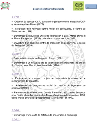 13
Département Chimie Industrielle
1970 :
§ Création du groupe OCP, structure organisationnelle intégrant l’OCP
et ses entreprises filiales (1975)
§ Intégration d’un nouveau centre minier en découverte, le centre de
Phosboucrâa (1976)
§ Démarrage de nouvelles unités de valorisation à Safi : Maroc chimie II
et Maroc Phosphore I (1976), puis Maroc phosphore II en 1981.
§ Ouverture d’un troisième centre de production en découverte, le centre
de Ben guérir (1979).
1980 :
§ Partenariat industriel en Belgique : Prayon (1981)
§ Démarrage d’un nouveau site de valorisation de phosphate : le site de
Jorf Lasfar, avec Maroc phosphore III-IV (1986).
1990 :
§ Exploration de nouveaux projets de partenariats industriels et de
renforcement de capacités.
§ Accélération du programme social de cession de logements au
personnel (1993)
§ Partenariats industriels avec Grande Paroisse (1997), usine Emaphos
pour l’acide phosphorique purifié (Maroc /Belgique /Allemagne) en 1998,
usine Imacid pour acide phosphorique (Maroc /Inde) en 1999.
2000 :
§ Démarrage d’une unité de flotation de phosphates à Khouribga
2001 :
 