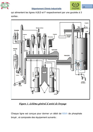 20
Département Chimie Industrielle
qui alimentent les lignes A,B,D et F respectivement par une goulotte à 3
sorties .
Figure 1 :Schéma général d unité de broyage
Chaque ligne est conçue pour donner un débit de100t/h de phosphate
broyé , et composée des équipement suivants :
 