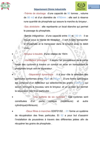21
Département Chimie Industrielle
-Trémie de stockage d’une capacité de 90 tonnes , volume
de 80 m3 et d’un diamètre de 4700mm : elle sert à réserve
rune quantité de phosphate qui assure la marche du broyeur .
-Sas alvéolaire : elle représente un local étanche qui permet
le passage du phosphate.
-Bande intégratrice : d’une capacité entre 80 et 130 t/h il se
trouve sous la trémie de réception , il sert à faire transporter
le phosphate et le transvaser dans le broyeur avec le debit
voulu .
• - Broyeur à boulets d’une vitesse de 15t/m
• -Ventilateur principale : il aspire l’air poussiéreux de la partie
haute des cyclones à travers un conduit en acier en transportant le
phosphate broyé vers le séparateur .
• -Séparateur dynamique : il a pour rôle la sélection des
particules conformes entre 70µm et 147µm .D’une forme cylindrique
est compose d’un déflecteur qui sélectionne les grains (>147µm) qui
seront renvoyés à nouveau vers le broyeur, et un gi-rotor qui permet
la séparation des fines particules .
• -Une batterie de six cyclones : Ces cyclones sont
constituées d’un partie conique (supérieure) et autre
cylindrique(inférieure).
• -Deux filtres à manches 02XF01/02 . : 01 forme un système
de récupération des fines particules. Et 02 a pour but d’assainir
l’installation de poussières à travers des différentes jetées afin de
récupérer les grains de phosphate .
 