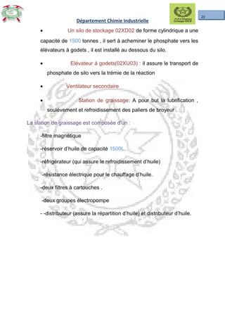 22
Département Chimie Industrielle
• Un silo de stockage 02XD02 de forme cylindrique a une
capacité de 1500 tonnes , il sert à acheminer le phosphate vers les
élévateurs à godets , il est installé au dessous du silo.
• Elévateur à godets(02XU03) : il assure le transport de
phosphate de silo vers la trémie de la réaction
• Ventilateur secondaire
• Station de graissage: A pour but la lubrification ,
soulèvement et refroidissement des paliers de broyeur .
La station de graissage est composée d’un :
-filtre magnétique
-réservoir d’huile de capacité 1500L.
-réfrigérateur (qui assure le refroidissement d’huile)
-résistance électrique pour le chauffage d’huile.
-deux filtres à cartouches .
-deux groupes électropompe
- -distributeur (assure la répartition d’huile) et distributeur d’huile.
 