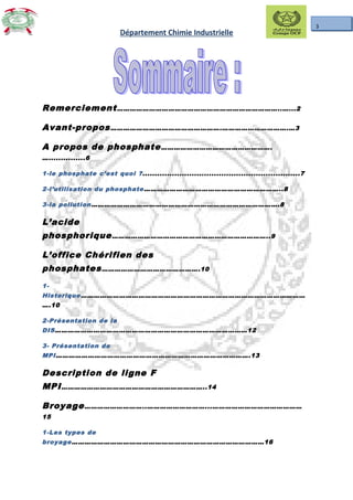3
Département Chimie Industrielle
Remerciement…………………………………………………………………..…...2
Avant-propos…………………………………………….………………………….…3
A propos de phosphate…………………………………………….
…...............6
1-le phosphate c’est quoi ?................................................................7
2-l’utilisation du phosphate………………………………………………………..8
3-la pollution…………………………………………………………………………….8
L’acide
phosphorique………………………………………………………………..9
L’office Chérifien des
phosphates……………………………………….10
1-
Historique……………………………………………………………………………………………
….10
2-Présentation de la
DIS………………………………………………………………………………12
3- Présentation de
MPI……………………………………………………………………………….13
Description de ligne F
MPI…………………………………………………………..14
Broyage………………………..………………………...……………………………………
15
1-Les types de
broyage………………………………………………………………………………16
 
