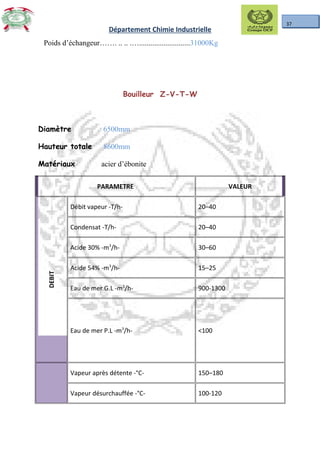 37
Département Chimie Industrielle
Poids d’échangeur……. .. .. .…...........................31000Kg
Bouilleur Z-V-T-W
Diamètre 6500mm
Hauteur totale 8600mm
Matériaux acier d’ébonite
PARAMETRE VALEUR
DEBIT
Débit vapeur -T/h- 20–40
Condensat -T/h- 20–40
Acide 30% -m3
/h- 30–60
Acide 54% -m3
/h- 15–25
Eau de mer G.L -m3
/h- 900-1300
Eau de mer P.L -m3
/h- <100
Vapeur après détente -°C- 150–180
Vapeur désurchauffée -°C- 100-120
 