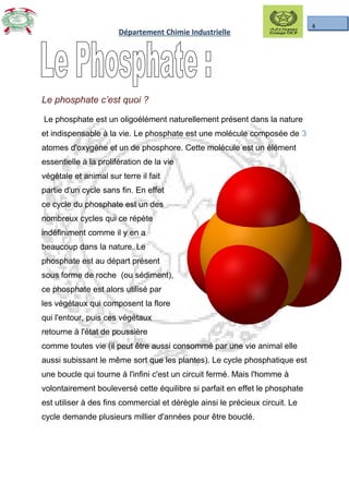 8
Département Chimie Industrielle
Le phosphate c’est quoiLe phosphate c’est quoi ??
Le phosphate est un oligoélément naturellement présent dans la nature
et indispensable à la vie. Le phosphate est une molécule composée de 3
atomes d'oxygène et un de phosphore. Cette molécule est un élément
essentielle à la prolifération de la vie
végétale et animal sur terre il fait
partie d'un cycle sans fin. En effet
ce cycle du phosphate est un des
nombreux cycles qui ce répète
indéfiniment comme il y en a
beaucoup dans la nature. Le
phosphate est au départ présent
sous forme de roche (ou sédiment),
ce phosphate est alors utilisé par
les végétaux qui composent la flore
qui l'entour, puis ces végétaux
retourne à l'état de poussière
comme toutes vie (il peut être aussi consommé par une vie animal elle
aussi subissant le même sort que les plantes). Le cycle phosphatique est
une boucle qui tourne à l'infini c'est un circuit fermé. Mais l'homme à
volontairement bouleversé cette équilibre si parfait en effet le phosphate
est utiliser à des fins commercial et dérègle ainsi le précieux circuit. Le
cycle demande plusieurs millier d'années pour être bouclé.
 