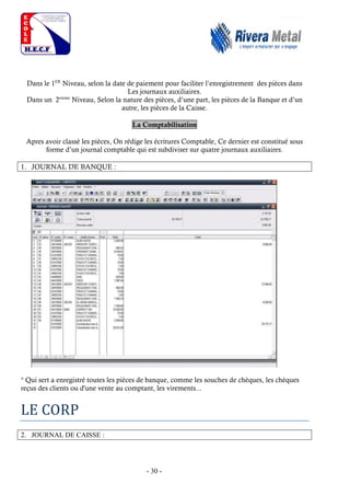 - 30 -
Dans le 1ER
Niveau, selon la date de paiement pour faciliter l’enregistrement des pièces dans
Les journaux auxiliaires.
Dans un 2emme
Niveau, Selon la nature des pièces, d’une part, les pièces de la Banque et d’un
autre, les pièces de la Caisse.
La Comptabilisation
Apres avoir classé les pièces, On rédige les écritures Comptable, Ce dernier est constitué sous
forme d’un journal comptable qui est subdiviser sur quatre journaux auxiliaires.
1. JOURNAL DE BANQUE :
° Qui sert a enregistré toutes les pièces de banque, comme les souches de chèques, les chèques
reçus des clients ou d'une vente au comptant, les virements...
LE CORP
2. JOURNAL DE CAISSE :
 