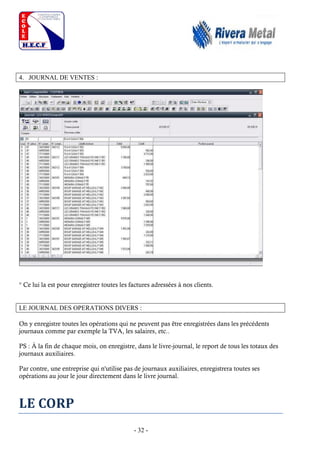 - 32 -
4. JOURNAL DE VENTES :
° Ce lui la est pour enregistrer toutes les factures adressées à nos clients.
LE JOURNAL DES OPERATIONS DIVERS :
On y enregistre toutes les opérations qui ne peuvent pas être enregistrées dans les précédents
journaux comme par exemple la TVA, les salaires, etc..
PS : À la fin de chaque mois, on enregistre, dans le livre-journal, le report de tous les totaux des
journaux auxiliaires.
Par contre, une entreprise qui n'utilise pas de journaux auxiliaires, enregistrera toutes ses
opérations au jour le jour directement dans le livre journal.
LE CORP
 