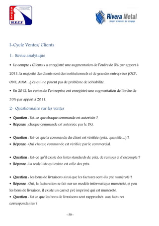 - 50 -
I-Cycle Ventes/ Clients
1- Revue analytique
 Le compte « Clients » a enregistré une augmentation de l’ordre de 5% par apport à
2011, la majorité des clients sont des institutionnels et de grandes entreprises (OCP,
ONE, ADM…) ce qui ne posent pas de problème de solvabilité.
 En 2012, les ventes de l’entreprise ont enregistré une augmentation de l’ordre de
33% par apport à 2011.
2- Questionnaire sur les ventes
 Question : Est-ce que chaque commande est autorisée ?
 Réponse : chaque commande est autorisée par le DG.
 Question : Est-ce que la commande du client est vérifiée (prix, quantité…) ?
 Réponse : Oui chaque commande est vérifiée par le commercial.
 Question : Est-ce qu’il existe des listes standards de prix, de remises et d’escompte ?
 Réponse : La seule liste qui existe est celle des prix.
 Question : Les bons de livraisons ainsi que les factures sont-ils pré numéroté ?
 Réponse : Oui, la facturation se fait sur un modèle informatique numéroté, et pou
les bons de livraison, il existe un carnet pré imprimé qui est numéroté.
 Question : Est ce que les bons de livraisons sont rapprochés aux factures
correspondantes ?
 