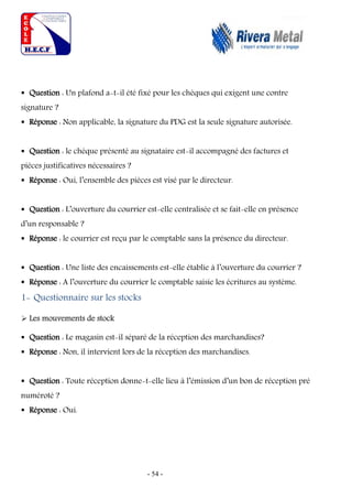 - 54 -
 Question : Un plafond a-t-il été fixé pour les chèques qui exigent une contre
signature ?
 Réponse : Non applicable, la signature du PDG est la seule signature autorisée.
 Question : le chèque présenté au signataire est-il accompagné des factures et
pièces justificatives nécessaires ?
 Réponse : Oui, l’ensemble des pièces est visé par le directeur.
 Question : L’ouverture du courrier est-elle centralisée et se fait-elle en présence
d’un responsable ?
 Réponse : le courrier est reçu par le comptable sans la présence du directeur.
 Question : Une liste des encaissements est-elle établie à l’ouverture du courrier ?
 Réponse : A l’ouverture du courrier le comptable saisie les écritures au système.
1- Questionnaire sur les stocks
 Les mouvements de stock
 Question : Le magasin est-il séparé de la réception des marchandises?
 Réponse : Non, il intervient lors de la réception des marchandises.
 Question : Toute réception donne-t-elle lieu à l’émission d’un bon de réception pré
numéroté ?
 Réponse : Oui.
 