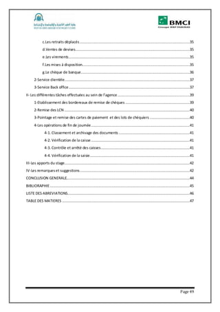 Page 49
c.Les retraits déplacés ...................................................................................................35
d.Ventes de devises.......................................................................................................35
e.Les virements.............................................................................................................35
f.Les mises à disposition.................................................................................................35
g.Le chèque de banque..................................................................................................36
2-Service clientèle.................................................................................................................37
3-Service Back office.............................................................................................................37
II- Les différentes tâches effectuées au sein de l’agence .................................................................39
1-Etablissement des bordereaux de remise de chèques ..........................................................39
2-Remise des LCN .................................................................................................................40
3-Pointage et remise des cartes de paiement et des lots de chéquiers ....................................40
4-Les opérations de fin de journée.........................................................................................41
4-1. Classement et archivage des documents ................................................................41
4-2. Vérification de la caisse.........................................................................................41
4-3. Contrôle et arrêté des caisses................................................................................41
4-4. Vérification de la saisie..........................................................................................41
III-Les apports du stage.................................................................................................................42
IV-Les remarqueset suggestions...................................................................................................42
CONCLUSION GENERALE...............................................................................................................44
BIBLIORAPHIE..............................................................................................................................45
LISTE DES ABREVIATIONS..............................................................................................................46
TABLE DES MATIERES ...................................................................................................................47
 