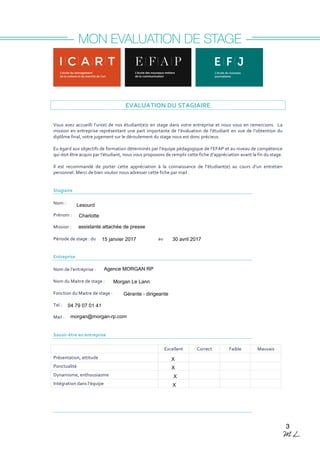 MON EVALUATION DE STAGE
3
EVALUATION DU STAGIAIRE
Vous avez accueilli l’un(e) de nos étudiant(e)s en stage dans votre entreprise et nous vous en remercions. La
mission en entreprise représentant une part importante de l’évaluation de l’étudiant en vue de l’obtention du
diplôme final, votre jugement sur le déroulement du stage nous est donc précieux.
Eu égard aux objectifs de formation déterminés par l’équipe pédagogique de l’EFAP et au niveau de compétence
qui doit être acquis par l’étudiant, nous vous proposons de remplir cette fiche d’appréciation avant la fin du stage.
Il est recommandé de porter cette appréciation à la connaissance de l’étudiant(e) au cours d’un entretien
personnel. Merci de bien vouloir nous adresser cette fiche par mail .
Stagiaire
Nom :
Prénom :
Mission :
Période de stage : du au
Entreprise
Nom de l’entreprise :
Nom du Maitre de stage :
Fonction du Maitre de stage :
Tel :
Mail :
Savoir-être en entreprise
Excellent Correct Faible Mauvais
Présentation, attitude
Ponctualité
Dynamisme, enthousiasme
Intégration dans l’équipe
Lesourd
Charlotte
assistante attachée de presse
15 janvier 2017 30 avril 2017
Agence MORGAN RP
Morgan Le Lann
Gérante - dirigeante
04 79 07 01 41
morgan@morgan-rp.com
X
X
X
X
 