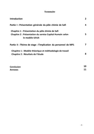 - 3 -
Sommaire
Introduction
Partie I : Présentation générale du pôle chimie de Safi
Chapitre 1 : Présentation du pôle chimie de Safi
Chapitre 2 : Présentation du service Capital Humain selon
L le modèle Ulrich
Partie II : Thème de stage : l’implication du personnel de MP1
Chapitre 1 : Modèle théorique et méthodologie de travail
Chapitre 2 : Résultats de l’étude
Conclusion
Annexes
2
4
5
7
8
10
11
 