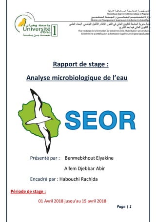 Rapport De Stage Analyse Microbiologique De L Eau