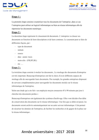 Année	universitaire	:	2017_2018	 30	
Etape 1 :
La première étape consiste à numériser tous les documents de l’entreprise ,dans ce cas
l’entreprise peut utiliser un logiciel informatique ou bien un réseau informatique afin de
répertorier les documents numérique .
Etape 2 :
La deuxième étape représente le classement de documents. L’entreprise va classer ses
documents en fonction de leurs descriptions et de leurs contenus. Le casement peut se faire de
différentes façons, par :
- type de document
- intitule
- source
- date : année /mois
- mots-clés : (FR,BT,BL)
- etc ….
Etape 3 :
La troisième étape consiste à stocker les documents , Le stockage des documents d'entreprise
est très important. Beaucoup d'entreprises ont fait le choix d’avoir différents espaces de
stockage afin de sauvegarder leurs documents. Par exemple, les grandes entreprises disposent
de serveurs complémentaires pour sauvegarder les documents stockés sur le réseau
informatique de l'entreprise.
Selon une étude qui a ete fait « un employée moyen consacrera 45 à 90 minutes par jour à
chercher des documents perdus »
Beaucoup d'entreprises ont également des systèmes d'archivage. Elles vont décider d'un délai
de conservation des documents sur le réseau informatique. Une fois que ce délai est passé, les
documents seront archivés automatiquement sur un autre serveur informatique. Cela permet
de sécuriser les données de l'entreprise, de faciliter les recherches et de gagner de la place sur
le réseau informatique .
 