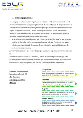 Année	universitaire	:	2017_2018	 32	
2. L’accompagnement :
l’accompagnement au sein de n’importe quelle entreprise est désormais importante afin de
pouvoir mettre en œuvre les aspects opérationnels du suivi individuel de chaque élu arrivé en
fin de mandat nécessitant un accompagnement spécifique. Cette cellule peut être externalisée
auprès d’un partenaire qualifié , Durant mon stage au sein de la société nationale des
transports et de la logistique j’ai pu trouver le problème de l’accompagnement qui est un
problème indispensable au sein de la direction régionale .
§ le problème consiste spécifiquement que l’employée ne bénéfice pas d’un accompagnent
ou d’un suivi régulier par le responsable de l’agence afin que l’employée trouve des
solutions par rapport au développement de son potentiel et sa capacité à agir dans des
environnements complexes,
personnelement je trouve que ce problème et que la direction régionale doit visionner ce sujet
là .
durant mon travaille au sein de l’entreprise j’ai bien évidemment pu connaître que cette
accompagnement enseveli plusieurs problème que le personnel ne voit pas et a travers cette
réforme que la direction régionale doit exécuter , plusieurs problème seront solvé .
Pour cela nous proposons
la solutions adéquate RH
afin d’avoir un
accompagnement très
efficace :
Adaptabilité
Un	accompagnement-formation	sur	mesure	adapté	
au	contexte	de	l'entreprise,	en	face	à	face	
Souplesse
-Des	séquences	de	2	à	3	heures	,tous	les	15	jours	
-Une	planification	adapté	a	l'emploi	du	temps	
Rapidité
Des	outils	"clé	en	main	"remis	sur	clé	USB	:	fiche	de	
poste	,trame	entretien,plan	de	formation	
Budget	maitrisé
Un	budget	imputable	sur	le	plan	de	formation	à	
partir	de	7h	d'accompagnement
 