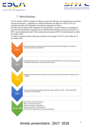 Année	universitaire	:	2017_2018	 7	
2. Aperçu historique :
Vers les années 1929 le royaume du Maroc a connu des réformes très important au niveau des
moyens de transport , cependant on a abouti finalement aux dahirs de 1936 et 1937 qui
constituent la base de la législation actuelle des transports au Maroc .
En effet, dans le domaine des transports de marchandises , tous les bureaux de chargement
existants ont été fermés et remplacés par un établissement étatique à forme commerciale , le
BTC qui deviendra plus tard l’office national des transports (O.N.T) conformément au dahir
du 10 juin 1958 .
Le rôle de ce bureau était le mémé que celui qui a été assigné à l’O.N.T. par le dahir du 12
novembre 1963 .
1937
•Creation	du	bureau	centrale	de	transport	qui	avait	comme	mission	d'organiser	le	secteur	du	
transport	routier	de	marchandises
1963
•La	transformation	du	B.C.T	a	L'O.N.T	qui	avait	comme	objectif	d'étre	un	commissionaire	agrée	pour	
la	réalisation	des	opération	de	transport	pour	compte	
1999
•Libéralisation	du	secteur	des	transports	routiérs	de	marchandises	par	l'entrée	en	vigueur	de	la	loi	
n°16/99
2007
•O.N.T	ce	transforme	en	sociétè	anonyme	pour	céder	ca	place	a	la	SNTL	:	sociétè	national	des	
transports	et	de	la	logistique	
Depuis	2009
•Evolution	du	secteur	de	transport	
•Mise	a	niveau	de	l'entreprise	
•Refonte	du	systéme	informatique
•Démarche	qualité	et	certification	ISO	
•Renovation	du	siége	sociale	et	du	reseau	des	agences
 