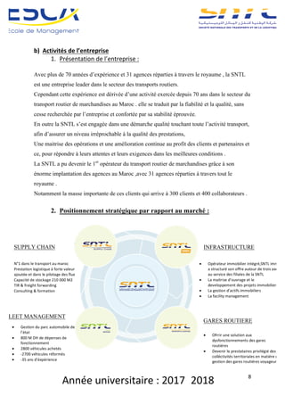 Année	universitaire	:	2017_2018	 8	
b) Activités	de	l’entreprise		
1. Présentation	de	l’entreprise	:	
	
Avec plus de 70 années d’expérience et 31 agences réparties à travers le royaume , la SNTL
est une entreprise leader dans le secteur des transports routiers.
Cependant cette expérience est dérivée d’une activité exercée depuis 70 ans dans le secteur du
transport routier de marchandises au Maroc . elle se traduit par la fiabilité et la qualité, sans
cesse recherchée par l’entreprise et confortée par sa stabilité éprouvée.
En outre la SNTL s’est engagée dans une démarche qualité touchant toute l’activité transport,
afin d’assurer un niveau irréprochable à la qualité des prestations,
Une maitrise des opérations et une amélioration continue au profit des clients et partenaires et
ce, pour répondre à leurs attentes et leurs exigences dans les meilleures conditions .
La SNTL a pu devenir le 1er
opérateur du transport routier de marchandises grâce à son
énorme implantation des agences au Maroc ,avec 31 agences réparties à travers tout le
royaume .
Notamment la masse importante de ces clients qui arrive à 300 clients et 400 collaborateurs .
2. Positionnement stratégique par rapport au marché :
• N°1	dans	le	transport	au	maroc	
• Prestation	logistique	à	forte	valeur	
ajoutée	et	dans	le	pilotage	des	flux	
• Capacité	de	stockage	210	000	M2	
• TIR	&	freight	forwarding	
• Consulting	&	formation	
	
	
• Opérateur	immobilier	intégrè,SNTL	immo	
a	structuré	son	offre	autour	de	trois	axes	
au	service	des	filiales	de	la	SNTL	
• La	maitrise	d’ouvrage	et	le	
developpement	des	projets	immobiliers	
• La	gestion	d’actifs	immobiliers	
• La	facility	management	
	
• Gestion	du	parc	automobile	de	
l’état	
• 800	M	DH	de	dépenses	de	
fonctionnement	
• 2800	véhicules	achetés	
• -2700	véhicules	réformès	
• -35	ans	d’éxpèrience		
	
• Ofrrir	une	solution	aux	
dysfonctionnements	des	gares	
routiéres		
• Devenir	le	prestataires	privilégié	des	
colléctivités	territoriales	en	matiére	de	
gestion	des	gares	routiéres	voyageurs	
SUPPLY CHAIN
FLEET MANAGEMENT
INFRASTRUCTURE
GARES ROUTIERE
 