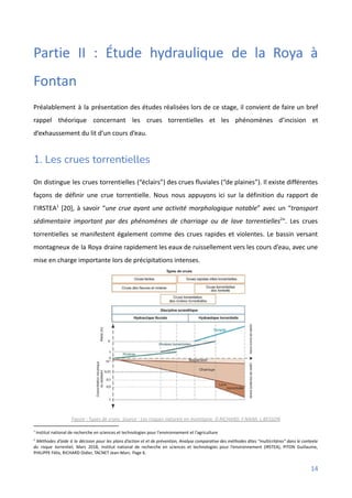 Partie II : Étude hydraulique de la Roya à
Fontan
Préalablement à la présentation des études réalisées lors de ce stage, il convient de faire un bref
rappel théorique concernant les crues torrentielles et les phénomènes d’incision et
d’exhaussement du lit d’un cours d’eau.
1. Les crues torrentielles
On distingue les crues torrentielles (“éclairs”) des crues fluviales (“de plaines”). Il existe différentes
façons de définir une crue torrentielle. Nous nous appuyons ici sur la définition du rapport de
l’IRSTEA1
[20], à savoir “une crue ayant une activité morphologique notable” avec un “transport
sédimentaire important par des phénomènes de charriage ou de lave torrentielles2
". Les crues
torrentielles se manifestent également comme des crues rapides et violentes. Le bassin versant
montagneux de la Roya draine rapidement les eaux de ruissellement vers les cours d’eau, avec une
mise en charge importante lors de précipitations intenses.
Figure : Types de crues. Source : Les risques naturels en montagne, D.RICHARD, F.NAIM, L.BESSON
2
Méthodes d’aide à la décision pour les plans d’action et et de prévention, Analyse comparative des méthodes dites “multicritères” dans le contexte
du risque torrentiel, Mars 2018, Institut national de recherche en sciences et technologies pour l’environnement (IRSTEA), PITON Guillaume,
PHILIPPE Félix, RICHARD Didier, TACNET Jean-Marc. Page 6.
1
Institut national de recherche en sciences et technologies pour l'environnement et l'agriculture
14
 