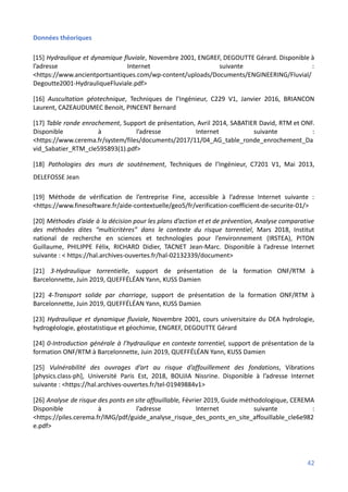 Données théoriques
[15] Hydraulique et dynamique fluviale, Novembre 2001, ENGREF, DEGOUTTE Gérard. Disponible à
l’adresse Internet suivante :
<https://www.ancientportsantiques.com/wp-content/uploads/Documents/ENGINEERING/Fluvial/
Degoutte2001-HydrauliqueFluviale.pdf>
[16] Auscultation géotechnique, Techniques de l’Ingénieur, C229 V1, Janvier 2016, BRIANCON
Laurent, CAZEAUDUMEC Benoit, PINCENT Bernard
[17] Table ronde enrochement, Support de présentation, Avril 2014, SABATIER David, RTM et ONF.
Disponible à l’adresse Internet suivante :
<https://www.cerema.fr/system/files/documents/2017/11/04_AG_table_ronde_enrochement_Da
vid_Sabatier_RTM_cle595893(1).pdf>
[18] Pathologies des murs de soutènement, Techniques de l’Ingénieur, C7201 V1, Mai 2013,
DELEFOSSE Jean
[19] Méthode de vérification de l’entreprise Fine, accessible à l’adresse Internet suivante :
<https://www.finesoftware.fr/aide-contextuelle/geo5/fr/verification-coefficient-de-securite-01/>
[20] Méthodes d’aide à la décision pour les plans d’action et et de prévention, Analyse comparative
des méthodes dites “multicritères” dans le contexte du risque torrentiel, Mars 2018, Institut
national de recherche en sciences et technologies pour l’environnement (IRSTEA), PITON
Guillaume, PHILIPPE Félix, RICHARD Didier, TACNET Jean-Marc. Disponible à l’adresse Internet
suivante : < https://hal.archives-ouvertes.fr/hal-02132339/document>
[21] 3-Hydraulique torrentielle, support de présentation de la formation ONF/RTM à
Barcelonnette, Juin 2019, QUEFFÉLÉAN Yann, KUSS Damien
[22] 4-Transport solide par charriage, support de présentation de la formation ONF/RTM à
Barcelonnette, Juin 2019, QUEFFÉLÉAN Yann, KUSS Damien
[23] Hydraulique et dynamique fluviale, Novembre 2001, cours universitaire du DEA hydrologie,
hydrogéologie, géostatistique et géochimie, ENGREF, DEGOUTTE Gérard
[24] 0-Introduction générale à l’hydraulique en contexte torrentiel, support de présentation de la
formation ONF/RTM à Barcelonnette, Juin 2019, QUEFFÉLÉAN Yann, KUSS Damien
[25] Vulnérabilité des ouvrages d’art au risque d’affouillement des fondations, Vibrations
[physics.class-ph], Université Paris Est, 2018, BOUJIA Nissrine. Disponible à l’adresse Internet
suivante : <https://hal.archives-ouvertes.fr/tel-01949884v1>
[26] Analyse de risque des ponts en site affouillable, Février 2019, Guide méthodologique, CEREMA
Disponible à l’adresse Internet suivante :
<https://piles.cerema.fr/IMG/pdf/guide_analyse_risque_des_ponts_en_site_affouillable_cle6e982
e.pdf>
42
 