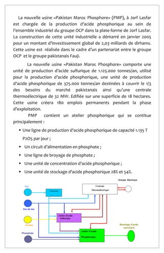 11
La nouvelle usine «Pakistan Maroc Phosphore» (PMP), à Jorf Lasfar
est chargée de la production d’acide phosphorique au sein de
l’ensemble industriel du groupe OCP dans la plate-forme de Jorf Lasfar.
La construction de cette unité industrielle a démarré en janvier 2005
pour un montant d’investissement global de 2,03 milliards de dirhams.
Cette usine est réalisée dans le cadre d’un partenariat entre le groupe
OCP et le groupe pakistanais Fauji.
La nouvelle usine «Pakistan Maroc Phosphore» comporte une
unité de production d’acide sulfurique de 1.125.000 tonnes/an, utilisé
pour la production d’acide phosphorique, une unité de production
d’acide phosphorique de 375.000 tonnes/an destinées à couvrir le 1/3
des besoins du marché pakistanais ainsi qu’une centrale
thermoélectrique de 32 MW. Edifiée sur une superficie de 18 hectares.
Cette usine créera 180 emplois permanents pendant la phase
d’exploitation.
PMP contient un atelier phosphorique qui se contitue
principalement :
 Une ligne de production d'acide phosphorique de capacité 1.135 T
P2O5 par jour ;
 Un circuit d’alimentation en phosphate ;
 Une ligne de broyage de phosphate ;
 Une unité de concentration d'acide phosphorique ;
 Une unité de stockage d'acide phosphorique 28% et 54%.
Atelier d'acide
Sulfurique
Soufree
Phosphate
Stockage d'acide
marchand
Energie Electrique
Eau de mer
Eau
douce
Traitement
des eaux
Centrale
Thermoélectrique
Atelier d'acide
Phosphorique
 
