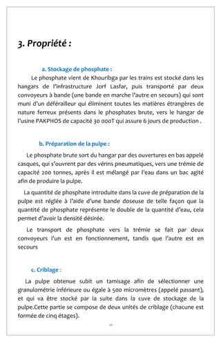 15
3. Propriété :
a. Stockage de phosphate :
Le phosphate vient de Khouribga par les trains est stocké dans les
hangars de l’infrastructure Jorf Lasfar, puis transporté par deux
convoyeurs à bande (une bande en marche l’autre en secours) qui sont
muni d’un déférailleur qui éliminent toutes les matières étrangères de
nature ferreux présents dans le phosphates brute, vers le hangar de
l’usine PAKPHOS de capacité 30 000T qui assure 6 jours de production .
b. Préparation de la pulpe :
Le phosphate brute sort du hangar par des ouvertures en bas appelé
casques, qui s’ouvrent par des vérins pneumatiques, vers une trémie de
capacité 200 tonnes, après il est mélangé par l’eau dans un bac agité
afin de produire la pulpe.
La quantité de phosphate introduite dans la cuve de préparation de la
pulpe est réglée à l’aide d’une bande doseuse de telle façon que la
quantité de phosphate représente le double de la quantité d’eau, cela
permet d’avoir la densité désirée.
Le transport de phosphate vers la trémie se fait par deux
convoyeurs l’un est en fonctionnement, tandis que l’autre est en
secours
c. Criblage :
La pulpe obtenue subit un tamisage afin de sélectionner une
granulométrie inférieure ou égale à 500 micromètres (appelé passant),
et qui va être stocké par la suite dans la cuve de stockage de la
pulpe.Cette partie se compose de deux unités de criblage (chacune est
formée de cinq étages).
 
