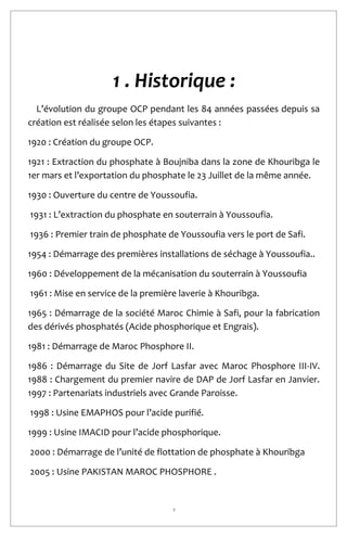 7
1 . Historique :
L’évolution du groupe OCP pendant les 84 années passées depuis sa
création est réalisée selon les étapes suivantes :
1920 : Création du groupe OCP.
1921 : Extraction du phosphate à Boujniba dans la zone de Khouribga le
1er mars et l’exportation du phosphate le 23 Juillet de la même année.
1930 : Ouverture du centre de Youssoufia.
1931 : L’extraction du phosphate en souterrain à Youssoufia.
1936 : Premier train de phosphate de Youssoufia vers le port de Safi.
1954 : Démarrage des premières installations de séchage à Youssoufia..
1960 : Développement de la mécanisation du souterrain à Youssoufia
1961 : Mise en service de la première laverie à Khouribga.
1965 : Démarrage de la société Maroc Chimie à Safi, pour la fabrication
des dérivés phosphatés (Acide phosphorique et Engrais).
1981 : Démarrage de Maroc Phosphore II.
1986 : Démarrage du Site de Jorf Lasfar avec Maroc Phosphore III-IV.
1988 : Chargement du premier navire de DAP de Jorf Lasfar en Janvier.
1997 : Partenariats industriels avec Grande Paroisse.
1998 : Usine EMAPHOS pour l’acide purifié.
1999 : Usine IMACID pour l’acide phosphorique.
2000 : Démarrage de l’unité de flottation de phosphate à Khouribga
2005 : Usine PAKISTAN MAROC PHOSPHORE .
 