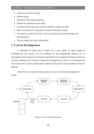 10
CHAPITRE 1 : CONTEXTE GENERAL DU PROJET
 Paiement des factures en ligne.
 Paiement direct.
 Mémoriser l’historique du paiement.
 Modifier les paramètres de son profil.
 Un login et mot de passe pour un accès simplifié à l’agence en ligne.
 Entrer en contact avec le conseiller au Centre de Relation Clientèle.
 Consulter les actualités de Lydec, avoir des conseils pour la gestion optimale des
consommations....
 Trouver l’agence de Lydec la plus proche.
3. Cycle de développement
La finalisation du projet dans les délais est le souci majeur de chaque équipe de
développement d’un logiciel. L’un des problèmes les plus fréquemment affrontés lors du
développement d’un logiciel est la mauvaise spécification et le changement brusque des besoins.
Cela peut influencer non seulement l’équipe de développement en créant un environnement de
stress, mais aussi le temps consacré pour la réalisation du projet et donc des délais de livraison
dépassés.
Afin d’éviter ces situations critiques, nous avons suivi un cycle de développement
itératif.
Figure 3: Cycle de développement
 