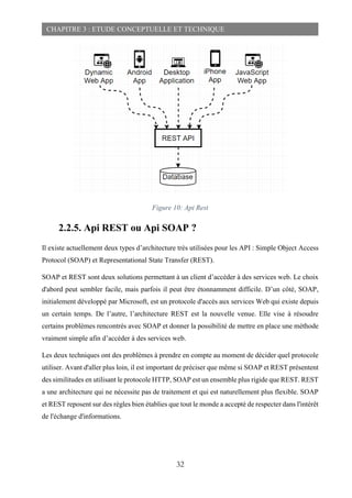 32
CHAPITRE 3 : ETUDE CONCEPTUELLE ET TECHNIQUE
Figure 10: Api Rest
2.2.5. Api REST ou Api SOAP ?
Il existe actuellement deux types d’architecture très utilisées pour les API : Simple Object Access
Protocol (SOAP) et Representational State Transfer (REST).
SOAP et REST sont deux solutions permettant à un client d’accéder à des services web. Le choix
d'abord peut sembler facile, mais parfois il peut être étonnamment difficile. D’un côté, SOAP,
initialement développé par Microsoft, est un protocole d'accès aux services Web qui existe depuis
un certain temps. De l’autre, l’architecture REST est la nouvelle venue. Elle vise à résoudre
certains problèmes rencontrés avec SOAP et donner la possibilité de mettre en place une méthode
vraiment simple afin d’accéder à des services web.
Les deux techniques ont des problèmes à prendre en compte au moment de décider quel protocole
utiliser. Avant d'aller plus loin, il est important de préciser que même si SOAP et REST présentent
des similitudes en utilisant le protocole HTTP, SOAP est un ensemble plus rigide que REST. REST
a une architecture qui ne nécessite pas de traitement et qui est naturellement plus flexible. SOAP
et REST reposent sur des règles bien établies que tout le monde a accepté de respecter dans l'intérêt
de l'échange d'informations.
 