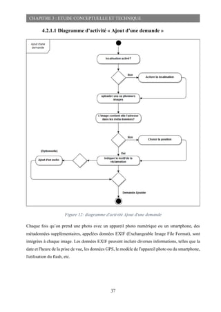 37
CHAPITRE 3 : ETUDE CONCEPTUELLE ET TECHNIQUE
4.2.1.1 Diagramme d’activité « Ajout d’une demande »
Figure 12: diagramme d'activité Ajout d'une demande
Chaque fois qu’on prend une photo avec un appareil photo numérique ou un smartphone, des
métadonnées supplémentaires, appelées données EXIF (Exchangeable Image File Format), sont
intégrées à chaque image. Les données EXIF peuvent inclure diverses informations, telles que la
date et l'heure de la prise de vue, les données GPS, le modèle de l'appareil photo ou du smartphone,
l'utilisation du flash, etc.
 