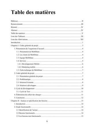 V
Table des matières
Dédicace......................................................................................................................................... II
Remerciements..............................................................................................................................III
Résumé..........................................................................................................................................IV
Abstract .........................................................................................................................................IV
Table des matières..........................................................................................................................V
Liste des Tableaux.........................................................................................................................XI
Liste des Abréviations................................................................................................................. XII
Introduction .....................................................................................................................................1
Chapitre I : Cadre générale du projet ..............................................................................................3
1. Présentation de l’organisme d’accueil..................................................................................4
1.1. Présentation de Mobiblanc ...........................................................................................4
1.2. Les clients de Mobiblanc..............................................................................................4
1.3. Equipe Mobiblanc ........................................................................................................4
1.4. Services ........................................................................................................................5
1.4.1.Développement Mobile ...........................................................................................6
1.4.2.Marketing mobile.....................................................................................................6
1.5. Fiche technique de Mobiblanc .....................................................................................7
2. Cadre générale du projet ......................................................................................................7
2.1. Présentation générale du projet ....................................................................................7
2.2. Problématique...............................................................................................................8
2.3. Solution Existante.........................................................................................................8
2.4. Solution à développer...................................................................................................9
3. Cycle de développement : ..................................................................................................10
3.1. Cycle de Test :............................................................................................................11
4. Élaboration du cahier des charges :....................................................................................11
5. Conclusion..........................................................................................................................12
Chapitre II : Analyse et spécification des besoins.........................................................................13
1. Introduction ........................................................................................................................14
2. Etude fonctionnelle ............................................................................................................14
2.1 Identification de l’acteur..............................................................................................14
2.2 Besoins fonctionnels....................................................................................................14
2.3 Les besoins non fonctionnels.......................................................................................15
 