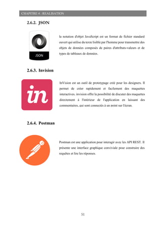 51
CHAPITRE 4 : REALISATION
2.6.2. JSON
2.6.3. Invision
2.6.4. Postman
la notation d'objet JavaScript est un format de fichier standard
ouvert qui utilise du texte lisible par l'homme pour transmettre des
objets de données composés de paires d'attributs-valeurs et de
types de tableaux de données.
InVision est un outil de prototypage créé pour les designers. Il
permet de créer rapidement et facilement des maquettes
interactives. invision offre la possibilité de discuter des maquettes
directement à l'intérieur de l'application en laissant des
commentaires, qui sont connectés à un point sur l'écran.
Postman est une application pour interagir avec les API REST. Il
présente une interface graphique conviviale pour construire des
requêtes et lire les réponses.
 