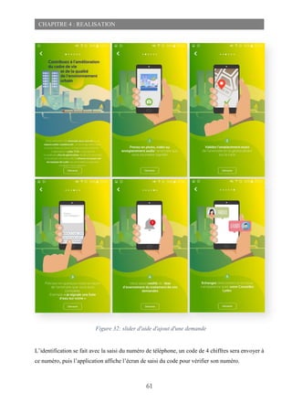 61
CHAPITRE 4 : REALISATION
L’identification se fait avec la saisi du numéro de téléphone, un code de 4 chiffres sera envoyer à
ce numéro, puis l’application affiche l’écran de saisi du code pour vérifier son numéro.
Figure 32: slider d'aide d'ajout d'une demande
 